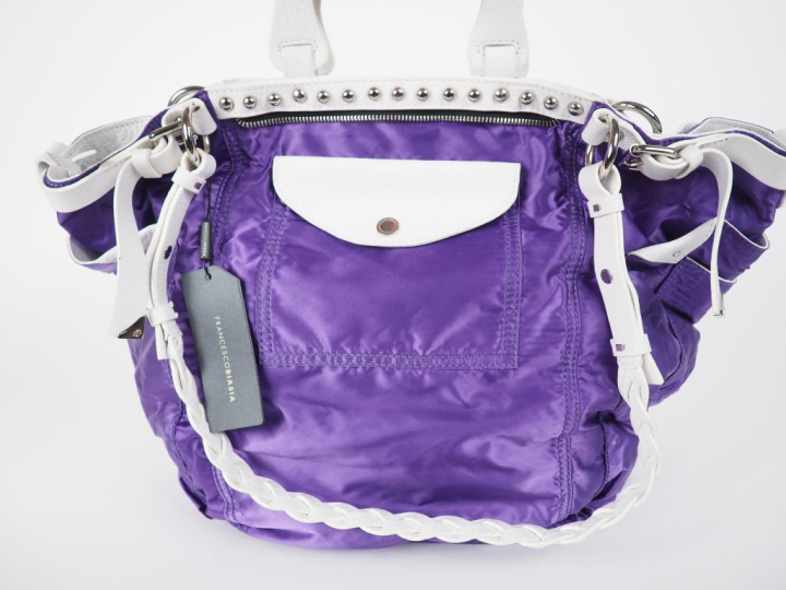 Francesco BIASIA Sac à main ou porté épaule en cuir blanc et tissu vio