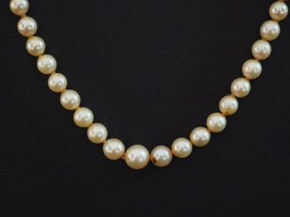 Vente aux enchères Collier de perles diposées en chute. Fermoir cannelé en or jaune 750. 