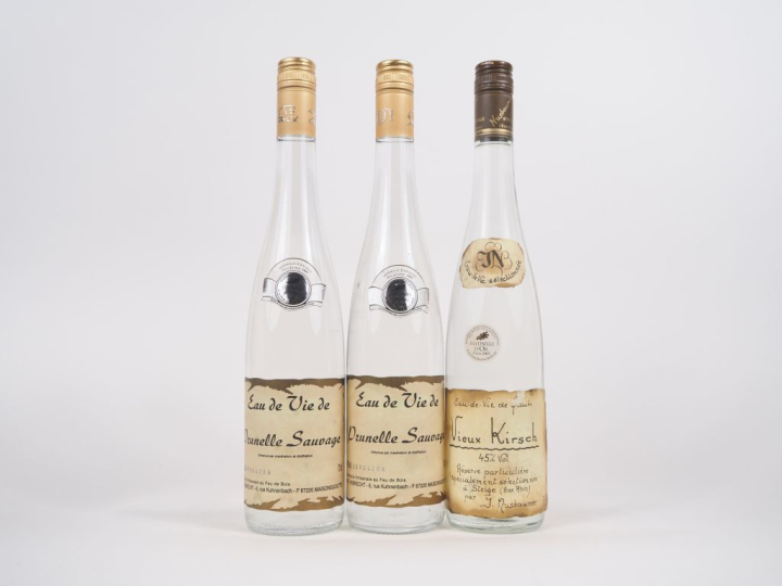 3 BOUTEILLES : 2 EAU DE VIE DE PRUNELLE SAUVAGE 45 %/1 VIEUX KIRSCH EA