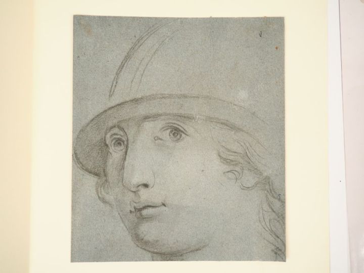 Ecole italienne XVIIIème. "Etude de personnage casqué" Dessin au fusai