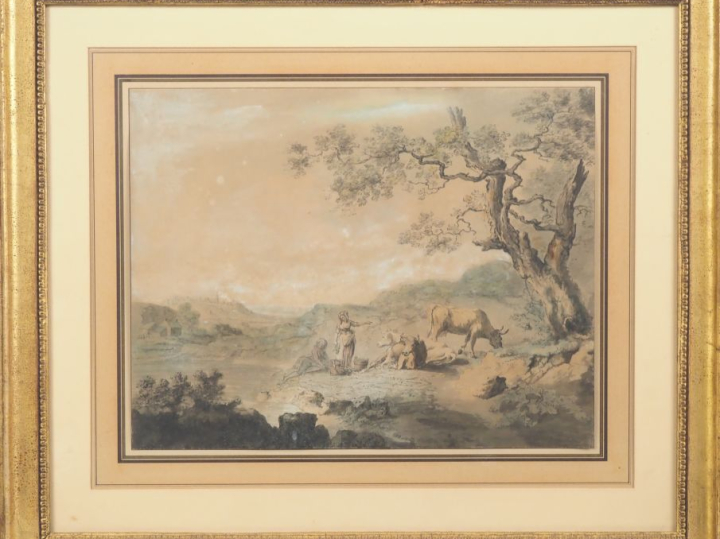 Ecole française fin XVIIIIème. "pastorale"  Encre de Chine, lavis et a