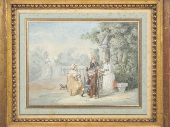 Ecole française fin XVIIIème. "Réunion de famille dans le parc" Gouach