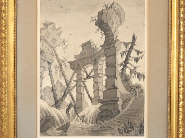 Ecole française XIXème.  "paysage et ruines" Dessin au lavis  Dim. 41,