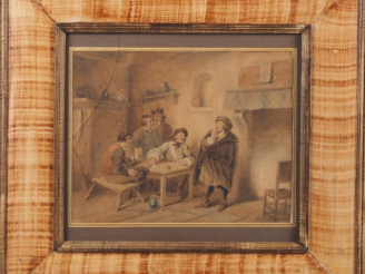 Vente aux enchères Ecole française XIXème. "La partie de carte". Dessin aquarellé. Dim. (