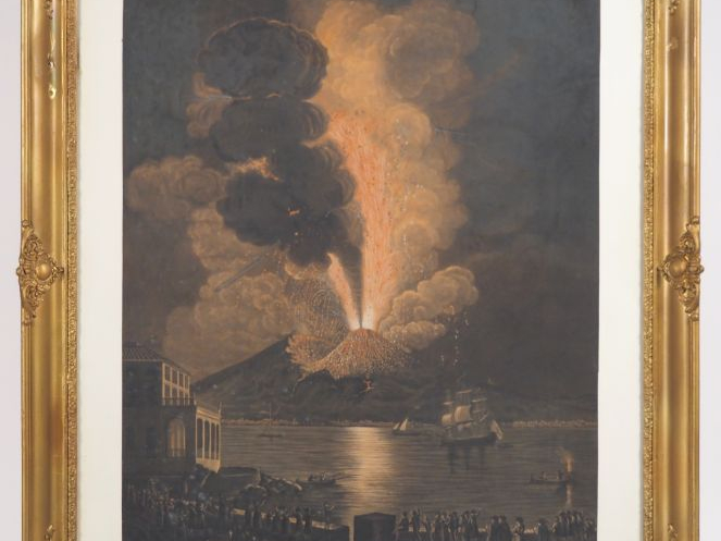 Lithographie d'après une école italienne. "l'éruption du Vésuve" Aquar