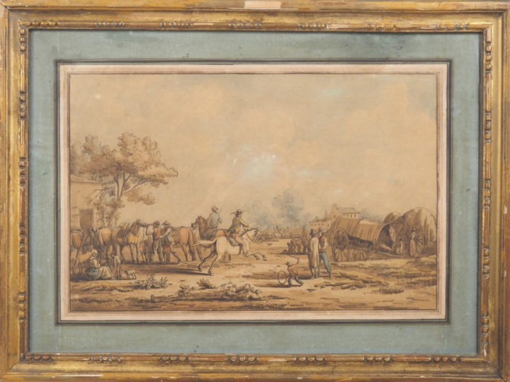 LANCRET. "Campement" Dessin aquarellé signé en bas au centre Dim. 28 x