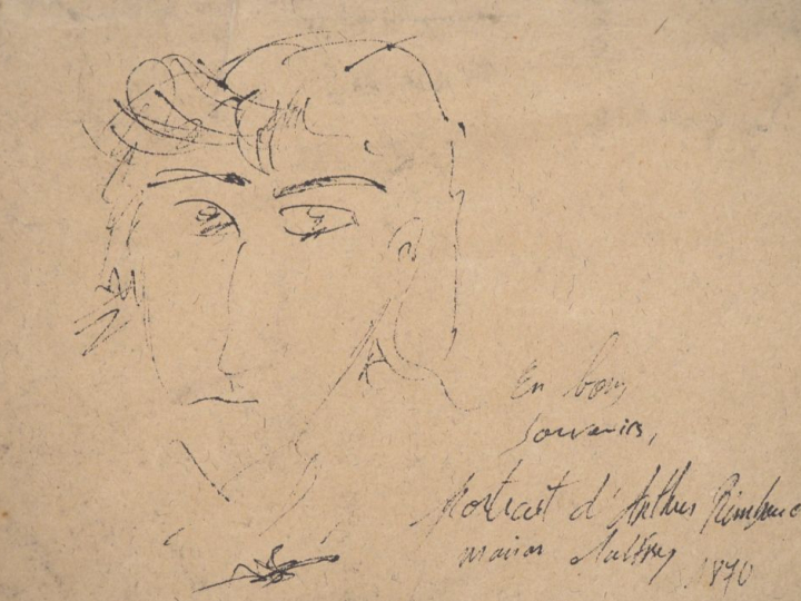 Marion MALFREY.  "Portrait d'Arthur Rimbaud" Dessin à la plume, signé 