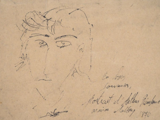 Vente aux enchères Marion MALFREY.  "Portrait d'Arthur Rimbaud" Dessin à la plume, signé 