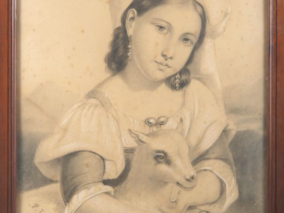 REINGPACH.  "la jeune bergère italienne et son agneau" Dessin signé en
