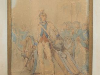 Vente aux enchères Ecole française XIXème. "officier artilleur" Aquarelle, signée en bas 