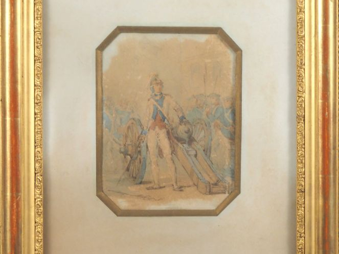 Ecole française XIXème. "officier artilleur" Aquarelle, signée en bas 