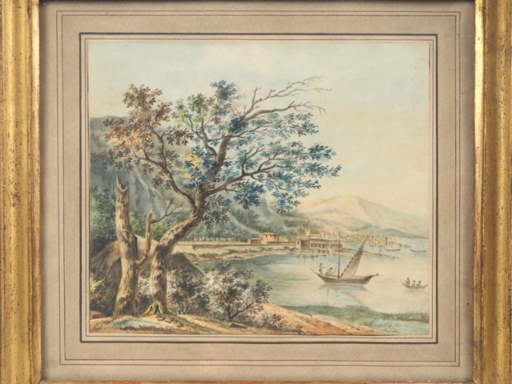 Ecole française XIXème. "paysage lacustre animé" Aquarelle Dim. 19,5 x