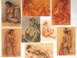 Vente aux enchères Bel ensemble de 8 dessins et d'une peinture à l'huile "Etudes de jeune