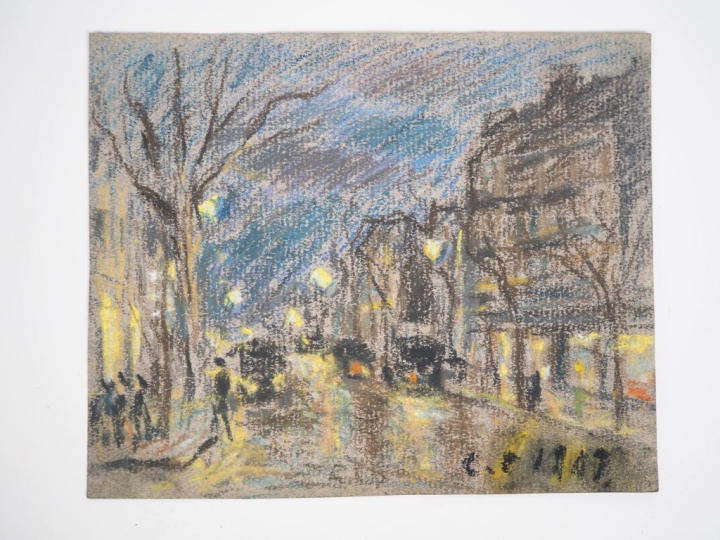 Ecole française 1900. "vue de Paris, la nuit" Pastel, monogrammé en ba