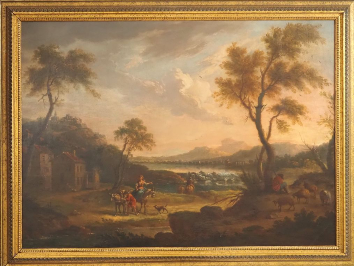 CLAUDOT de Nancy (entourage de). "Paysage lacustre animé". Grande huil