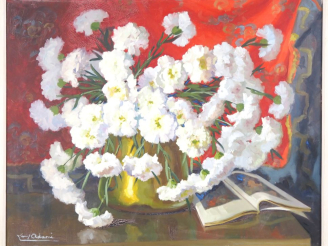 Vente aux enchères Louis ADAMI. "bouquet d'œillets blancs" Huile sur toile, signée en bas