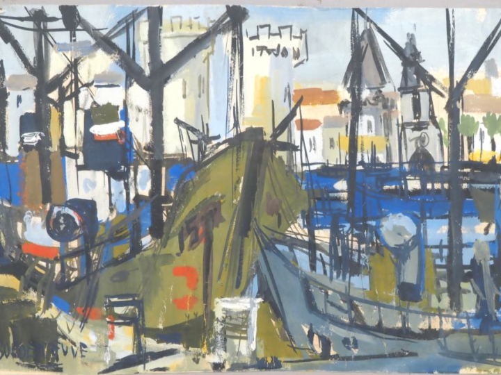 A. BORDENEUVE.  "le port" Gouache, signée en bas à droite Dim. 31 x 48