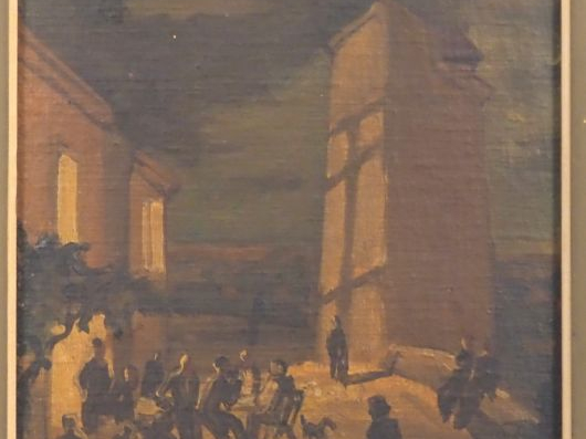Yves BRAYER.  "Cordes, petit café sur les remparts" Huile sur toile, s