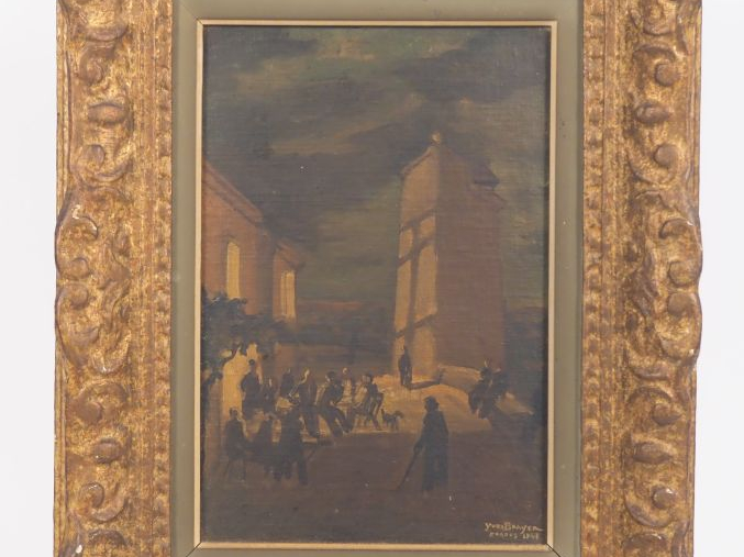 Yves BRAYER.  "Cordes, petit café sur les remparts" Huile sur toile, s