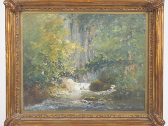 Vente aux enchères Léon CABIE.  "Torrent dans la forêt" Gouache signée en bas à droite  D