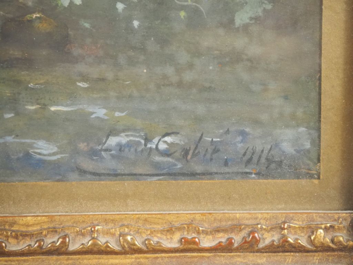 Léon CABIE.  "Torrent dans la forêt" Gouache signée en bas à droite  D
