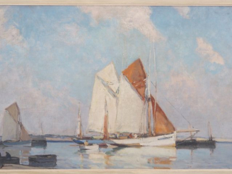 Vente aux enchères CAHOURS.  "Marine" Huile sur panneau, signée en bas à droite  Dim. 48,