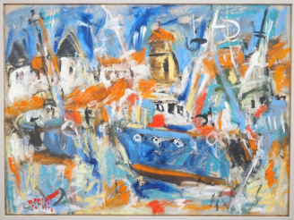 Vente aux enchères CALVET.  "Le chalut bleu à St Jean de Luz" Huile sur papier, signée en