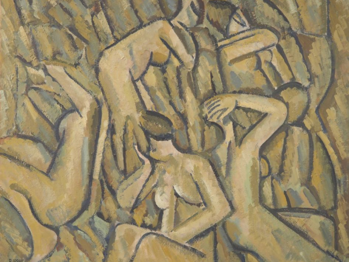 P. COQUET.  "Baigneuses"  Huile sur toile, signée en bas à gauche Dim.
