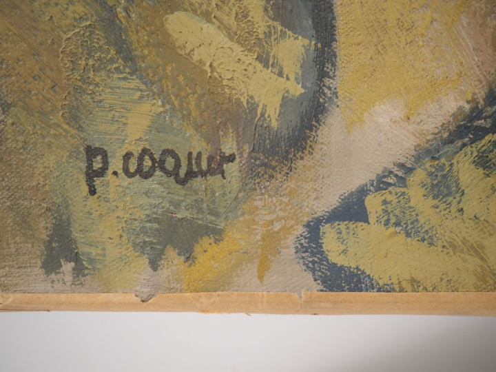 P. COQUET.  "Baigneuses"  Huile sur toile, signée en bas à gauche Dim.