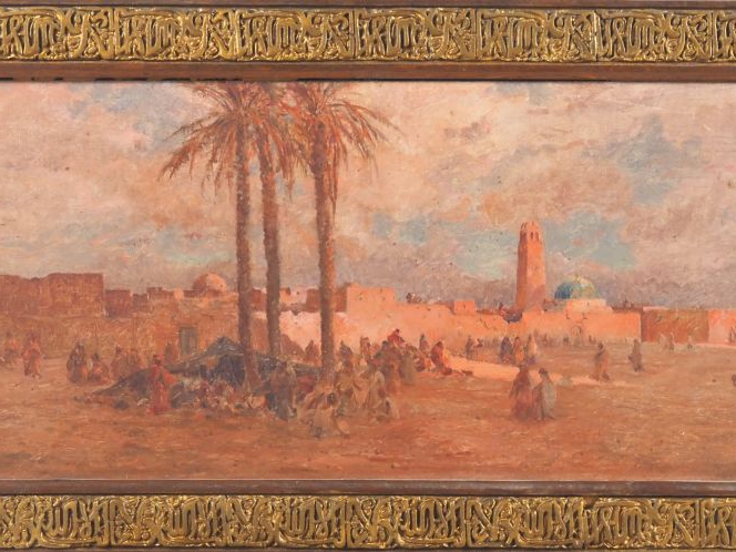 Eugène DESHAYES.  "Campement devant les remparts" Huile sur panneau d'