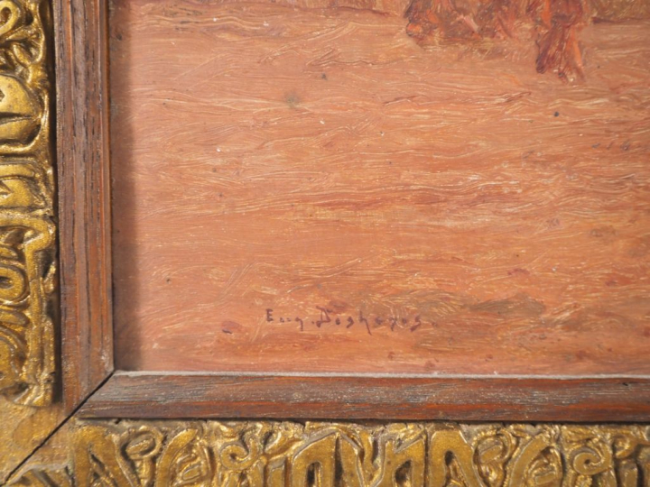 Eugène DESHAYES.  "Campement devant les remparts" Huile sur panneau d'