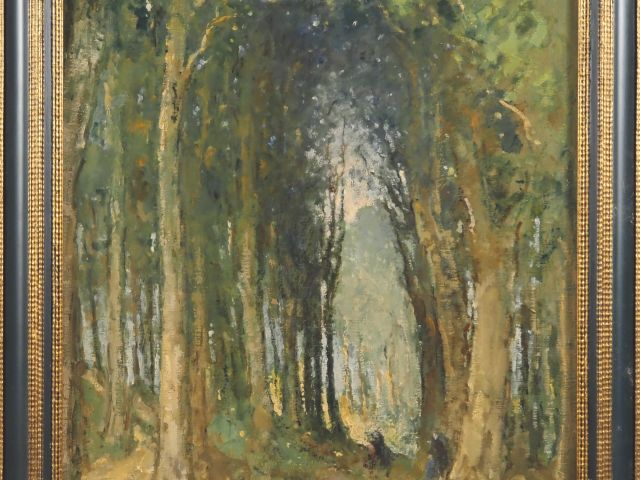 Désiré LUCAS.  "Personnages dans l'allée forestière"  Huile sur toile,