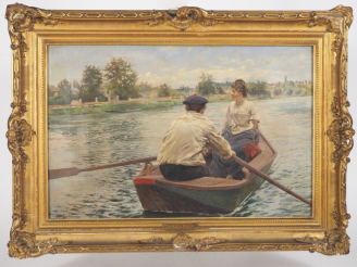 Vente aux enchères Jean Ferdinand GELDRY. "la promenade en barque" Huile sur toile, signé