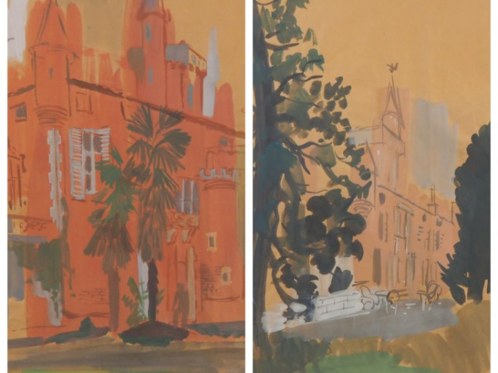 Michel GOEDGEBUER.  "Le château et son parc"  Paire d'aquarelles, sign