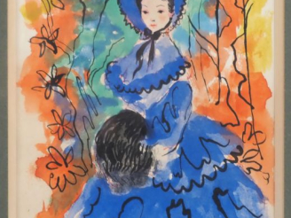 Vente aux enchères GRAU SALA.  "Jeune fille en bleu" Aquarelle, signée en bas à gauche et