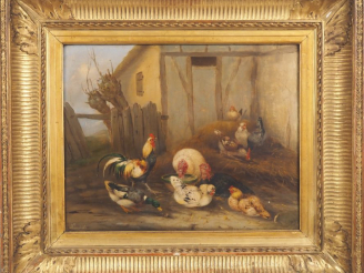 Vente aux enchères GUILLEMINET. "le poulailler" Huile sur panneau, signée en bas à gauche