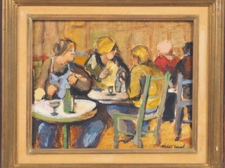 Vente aux enchères Michel GUYOT.  "Au café" Huile sur toile  signée en bas à droite Dim. 