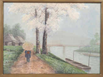 Vente aux enchères K. INOUYE. "Japonaise à l'ombrelle se promenant le long du fleuve" Aqu