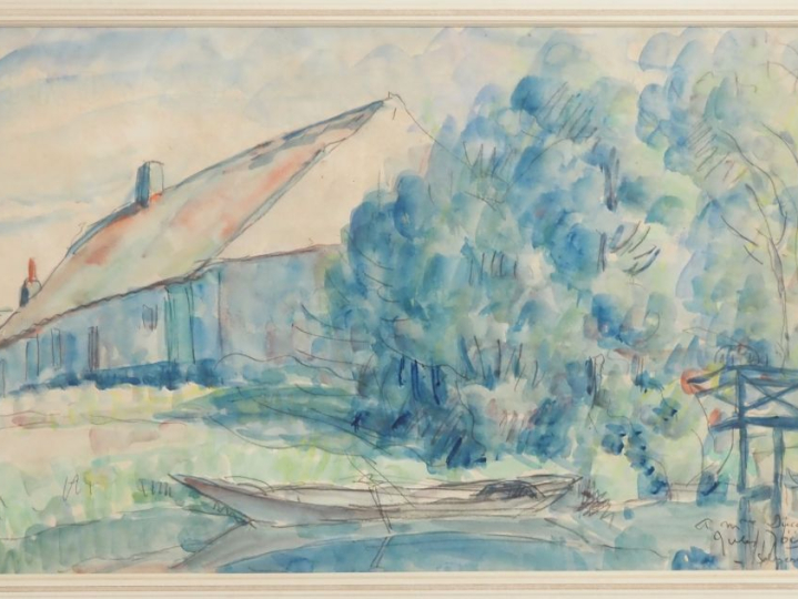 Jules JOUETS. "l'étang devant la ferme" Aquarelle, signée en bas à dro