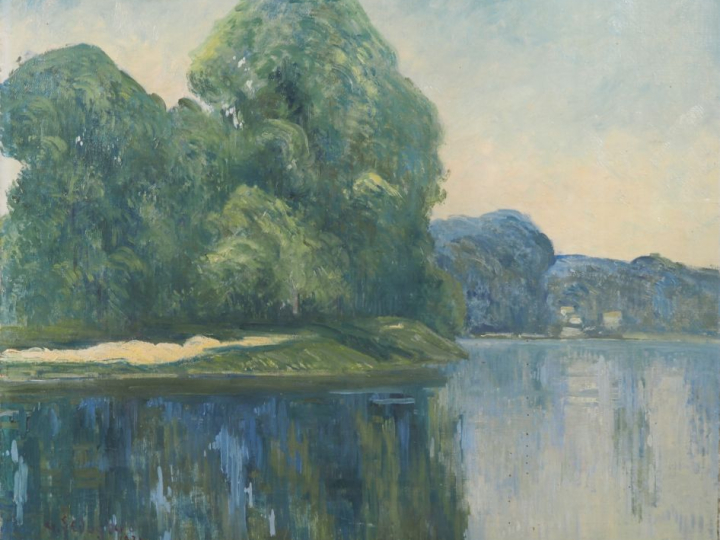 G. LEDOGARD.  "le Loing à Morey, le matin" Huile sur toile, signée en 