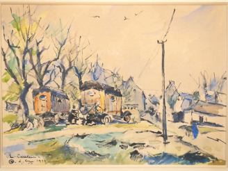 Vente aux enchères LEVY.  "la caravane"  Aquarelle, signée en bas à gauche et datée 1936 
