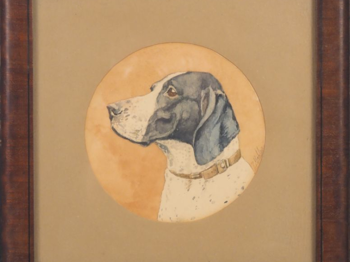MALHER.  "Chien de chasse" Aquarelle en tondo Diam. 14 cm