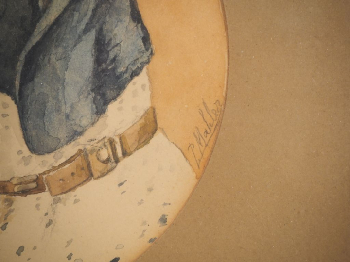 MALHER.  "Chien de chasse" Aquarelle en tondo Diam. 14 cm