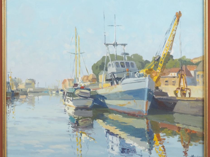 G. MAUDERC. "le port" Huile sur carton, signée en bas à droite  Dim. 3