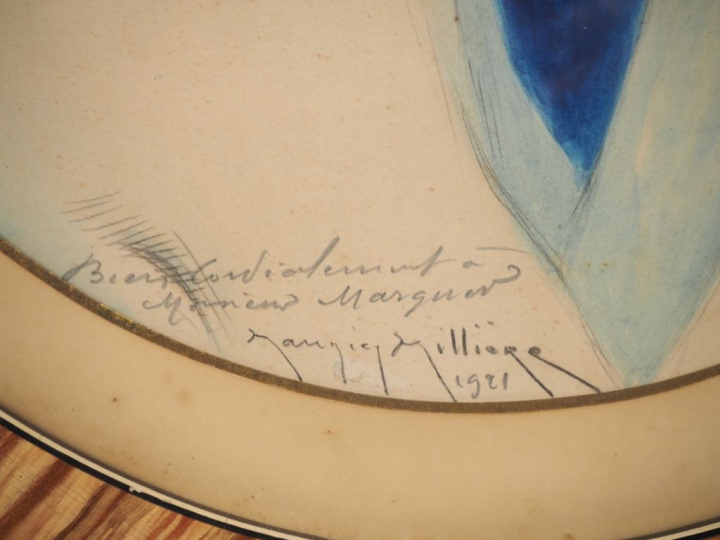 Maurice MILLIERE.  "la jeune fille à la boule de cristal" Aquarelle, s