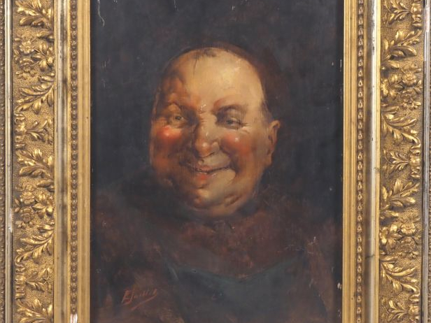 E. PAILLET.  "moine souriant" Huile sur panneau, signée en bas à gauch