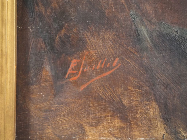 E. PAILLET.  "moine souriant" Huile sur panneau, signée en bas à gauch