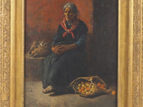 A. PARILLA.  "la vendeuse de fruits" Huile sur panneau, signée en bas 