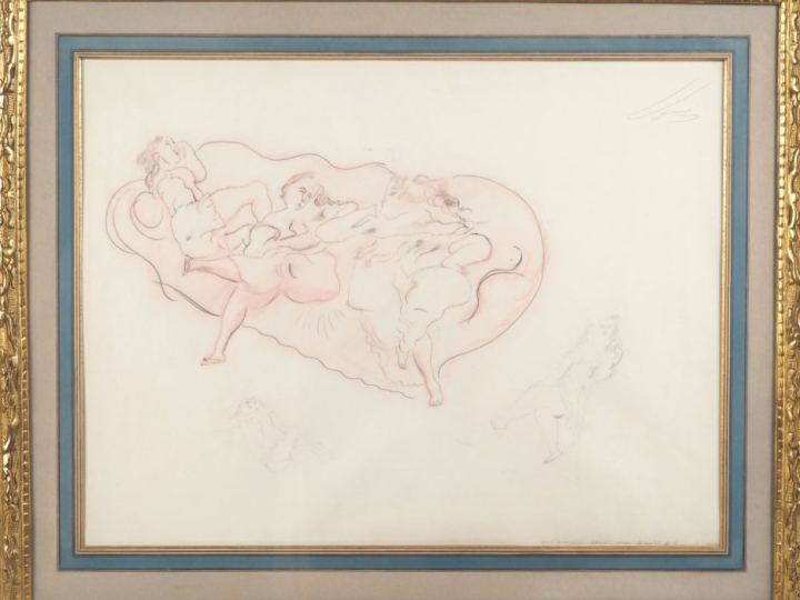 PASCIN.  "le canapé" Dessin au crayon et au pastel, porte au dos le ca