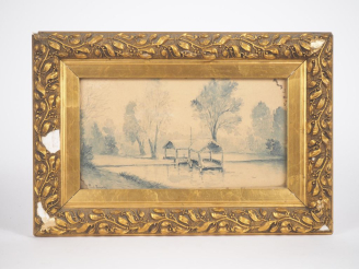 Vente aux enchères Paul PASQUIER.  "paysage lacustre"  Aquarelle, signée        (déchirée